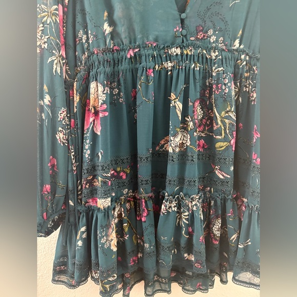 Free people Cherry Blossom long sleeve Mini Dress in Emerald Combo size S - Picture 4 of 10